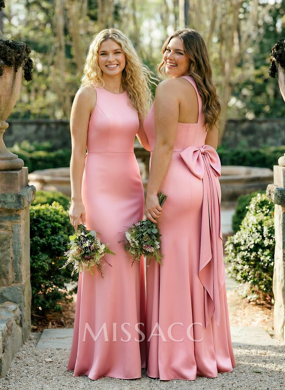 Sheath Column Scoop Neck Sleeveless Floor-Length Crepe Satin Bridesmaid Dresses With Bow