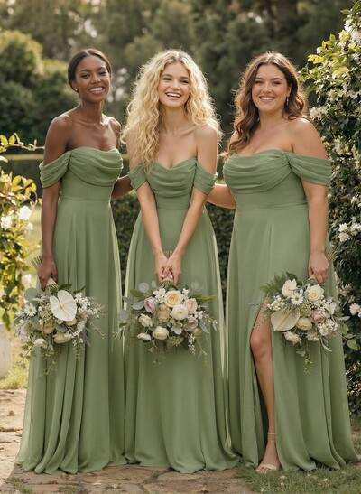 A-Line Off-The-Shoulder Sleeveless Floor-Length Chiffon Bridesmaid Dresses With Split Front