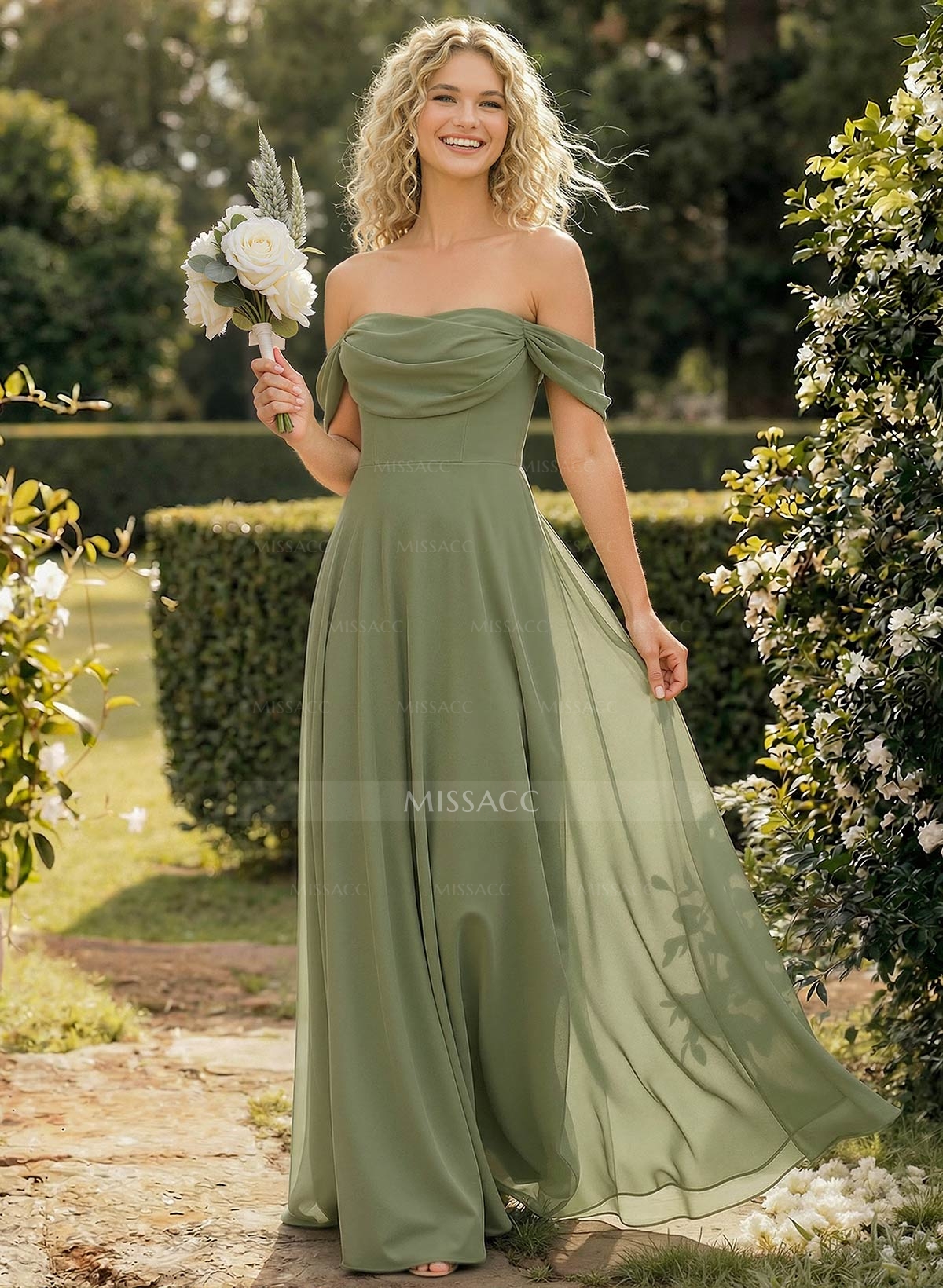 A-Line Off-The-Shoulder Sleeveless Floor-Length Chiffon Bridesmaid Dresses With Split Front