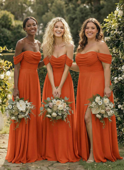 A-Line Off-The-Shoulder Sleeveless Floor-Length Chiffon Bridesmaid Dresses With Split Front