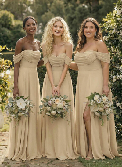 A-Line Off-The-Shoulder Sleeveless Floor-Length Chiffon Bridesmaid Dresses With Split Front