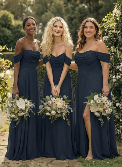 A-Line Off-The-Shoulder Sleeveless Floor-Length Chiffon Bridesmaid Dresses With Split Front