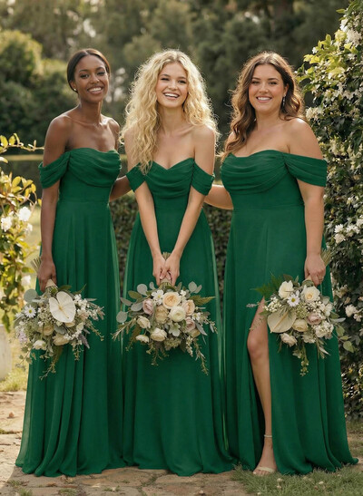 A-Line Off-The-Shoulder Sleeveless Floor-Length Chiffon Bridesmaid Dresses With Split Front
