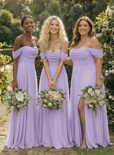 A-Line Off-The-Shoulder Sleeveless Floor-Length Chiffon Bridesmaid Dresses With Split Front