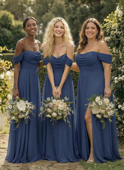A-Line Off-The-Shoulder Sleeveless Floor-Length Chiffon Bridesmaid Dresses With Split Front