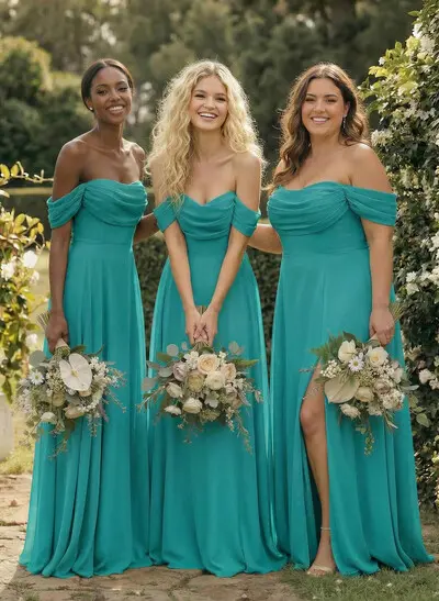 A-Line Off-The-Shoulder Sleeveless Floor-Length Chiffon Bridesmaid Dresses  With Split Front - Missacc