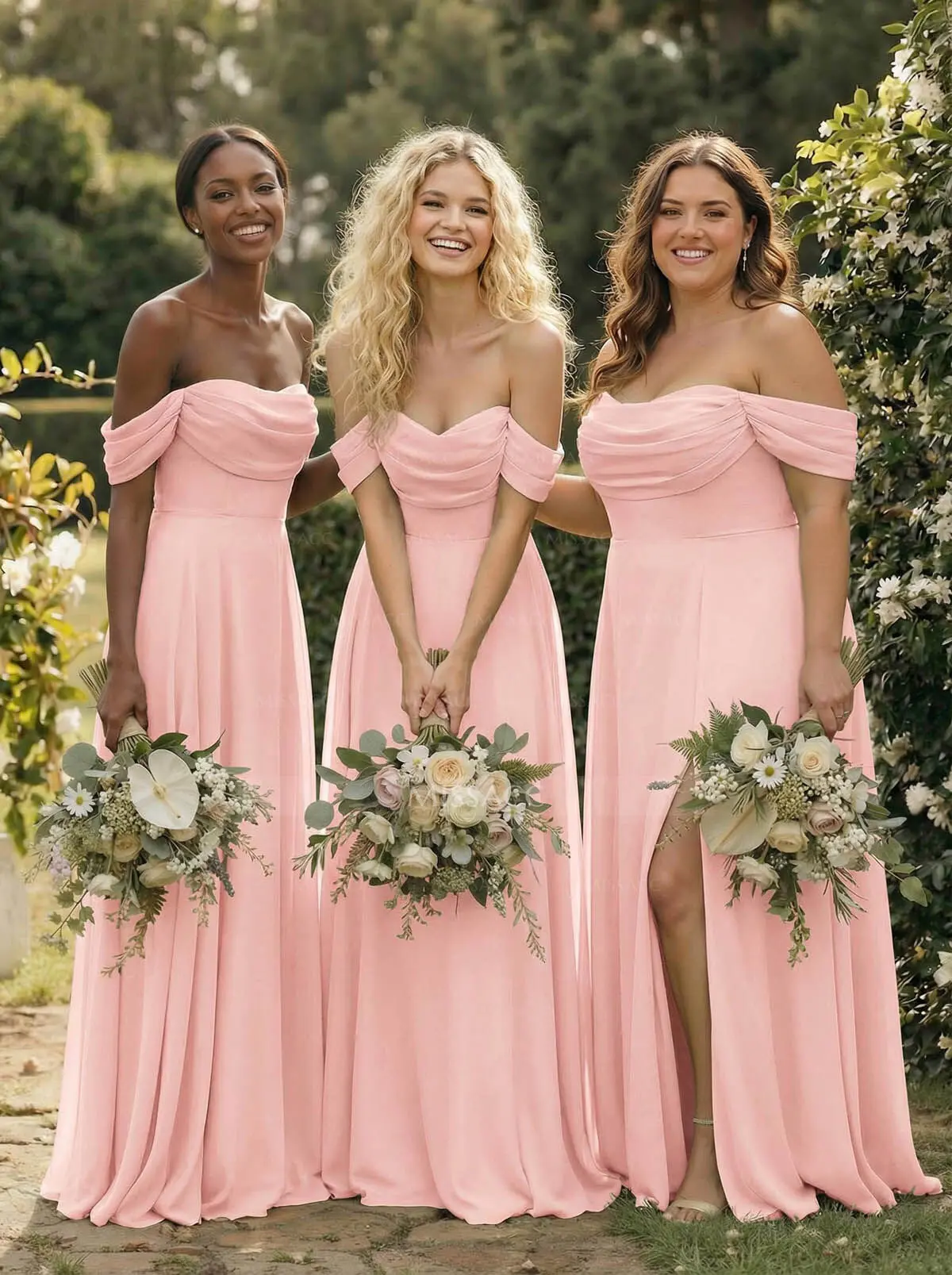A-Line Off-The-Shoulder Sleeveless Floor-Length Chiffon Bridesmaid Dresses With Split Front #SBD11679  $119