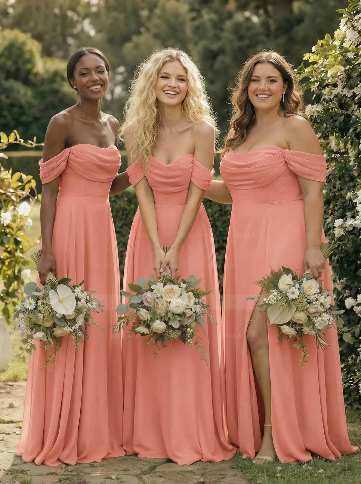 A-Line Off-The-Shoulder Sleeveless Floor-Length Chiffon Bridesmaid Dresses With Split Front #SBD11679 $119