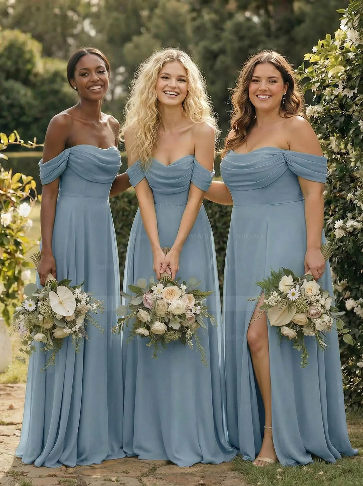 A-Line Off-The-Shoulder Sleeveless Floor-Length Chiffon Bridesmaid Dresses  With Split Front - Missacc