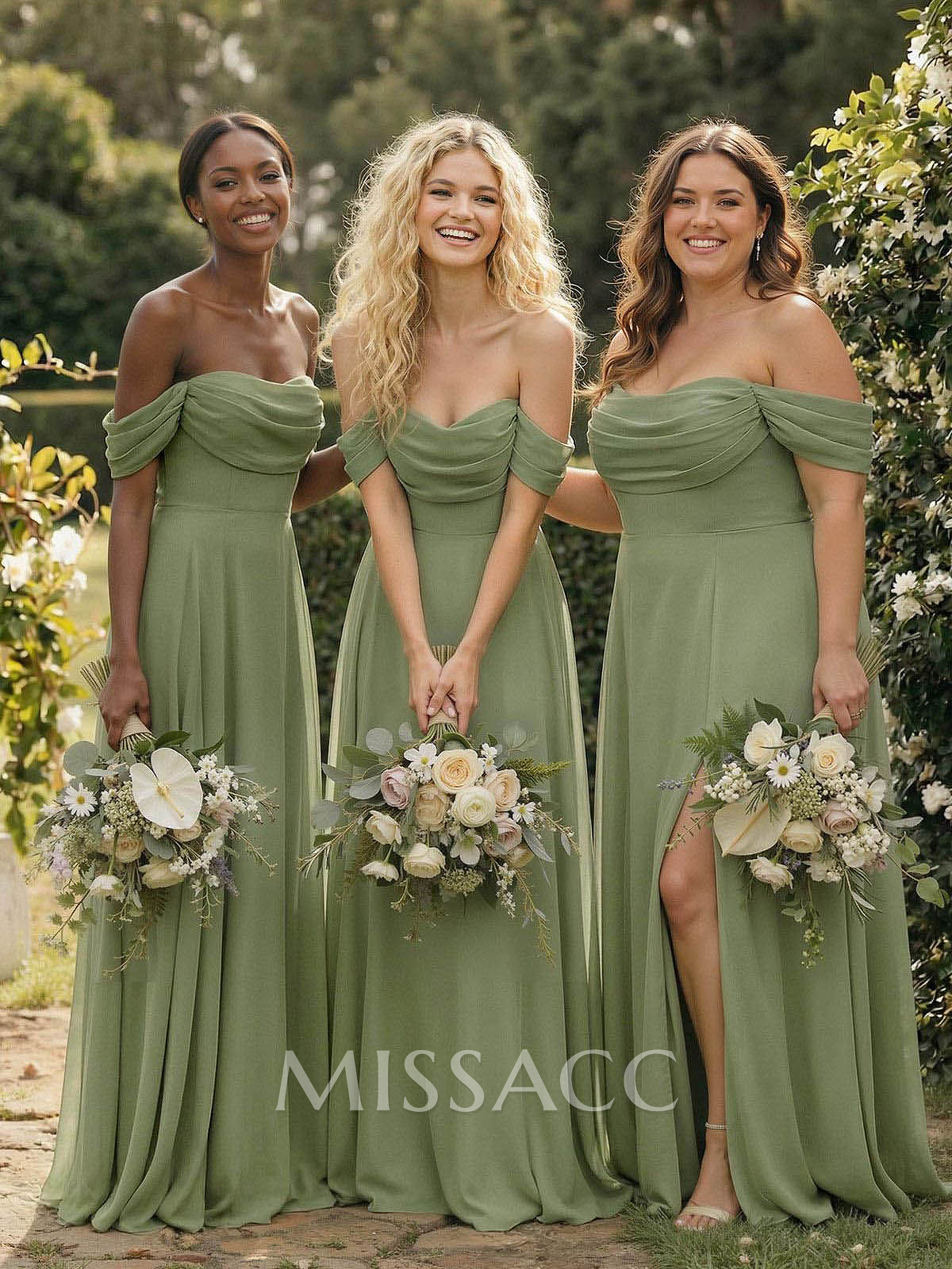 A-Line Off-The-Shoulder Sleeveless Floor-Length Chiffon Bridesmaid Dresses With Split Front A-Line Off-The-Shoulder Sleeveless Floor-Length Chiffon Bridesmaid Dresses With Split Front