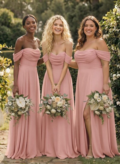 A-Line Off-The-Shoulder Sleeveless Floor-Length Chiffon Bridesmaid Dresses With Split Front