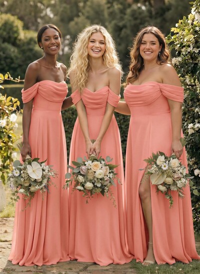A-Line Off-The-Shoulder Sleeveless Floor-Length Chiffon Bridesmaid Dresses With Split Front