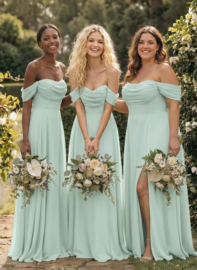 A-Line Off-The-Shoulder Sleeveless Floor-Length Chiffon Bridesmaid Dresses With Split Front