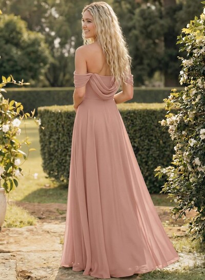 A-Line Off-The-Shoulder Sleeveless Floor-Length Chiffon Bridesmaid Dresses With Split Front