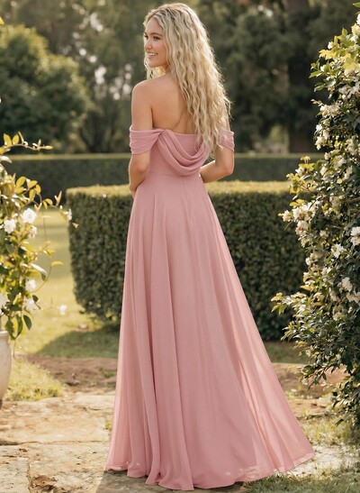 A-Line Off-The-Shoulder Sleeveless Floor-Length Chiffon Bridesmaid Dresses With Split Front