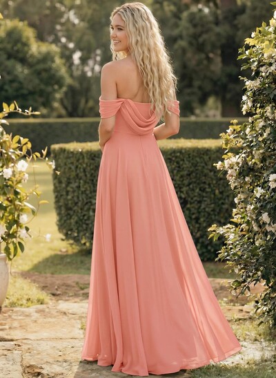 A-Line Off-The-Shoulder Sleeveless Floor-Length Chiffon Bridesmaid Dresses With Split Front