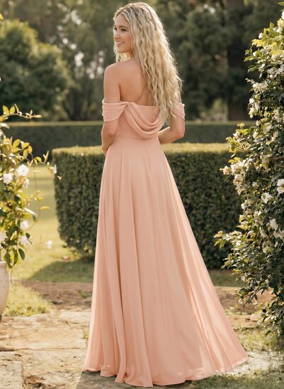 A-Line Off-The-Shoulder Sleeveless Floor-Length Chiffon Bridesmaid Dresses With Split Front