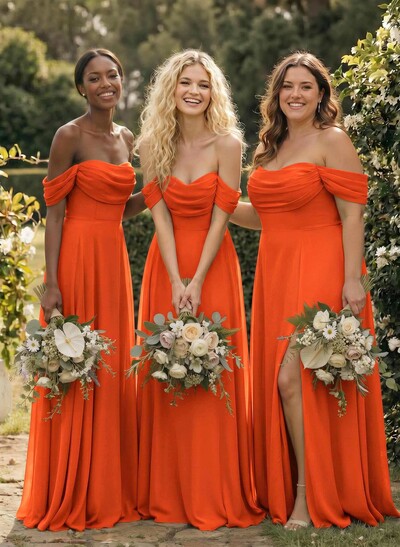 A-Line Off-The-Shoulder Sleeveless Floor-Length Chiffon Bridesmaid Dresses With Split Front