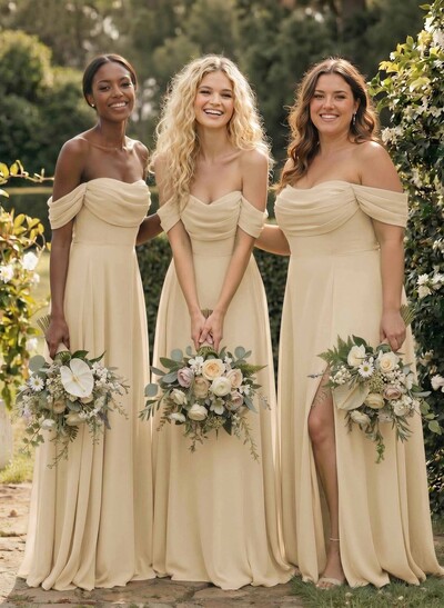 A-Line Off-The-Shoulder Sleeveless Floor-Length Chiffon Bridesmaid Dresses With Split Front