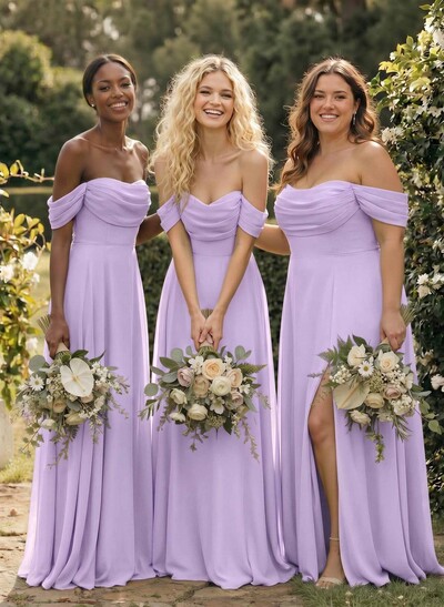 A-Line Off-The-Shoulder Sleeveless Floor-Length Chiffon Bridesmaid Dresses With Split Front