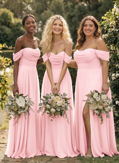 A-Line Off-The-Shoulder Sleeveless Floor-Length Chiffon Bridesmaid Dresses With Split Front
