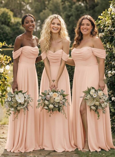 A-Line Off-The-Shoulder Sleeveless Floor-Length Chiffon Bridesmaid Dresses With Split Front