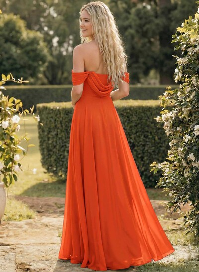 A-Line Off-The-Shoulder Sleeveless Floor-Length Chiffon Bridesmaid Dresses With Split Front