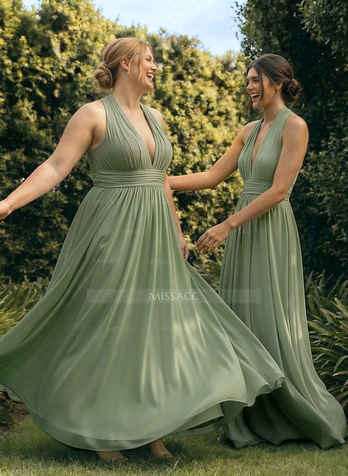 A-Line V-Neck Sleeveless Floor-Length Chiffon(Non-Stretch) BRIDESMAID With Back Hole