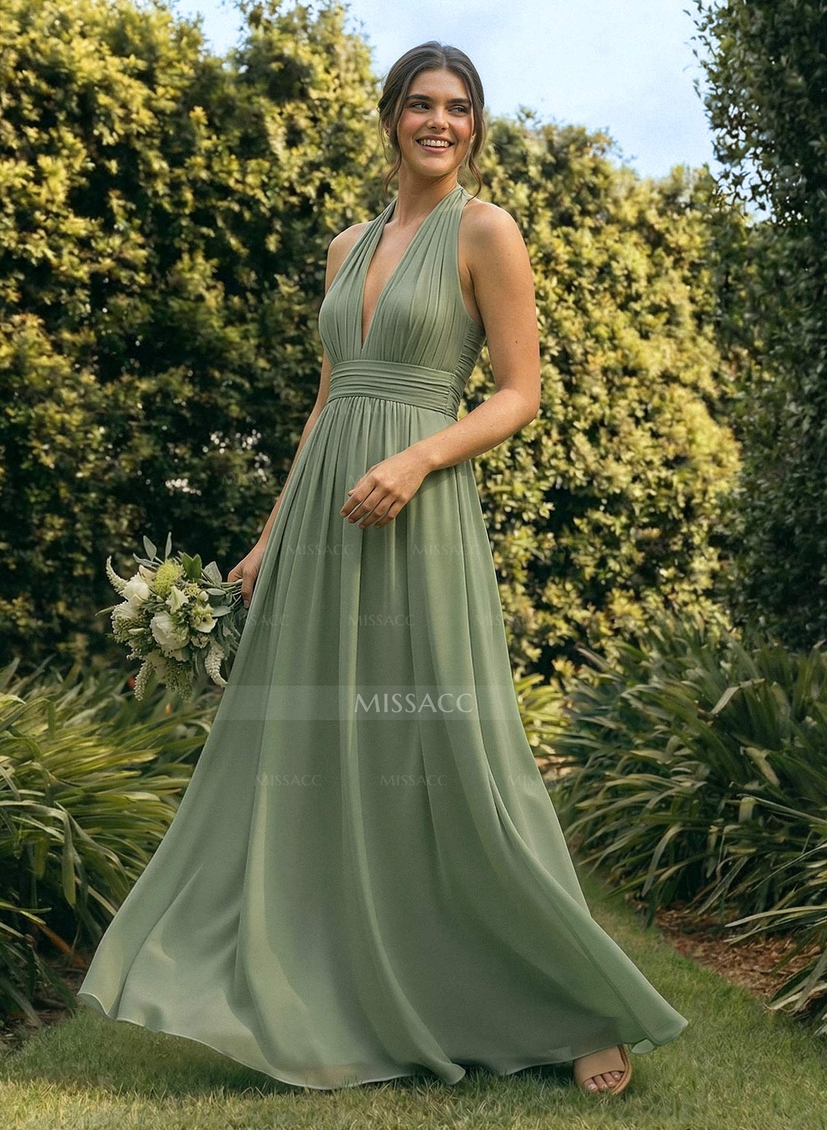 A-Line V-Neck Sleeveless Floor-Length Chiffon(Non-Stretch) BRIDESMAID With Back Hole