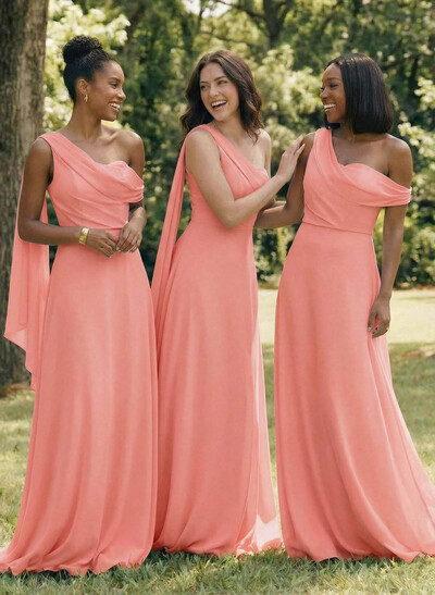 Elegant One-Shoulder/Asymmetrical Sleeveless A-Line Floor-Length Chiffon Bridesmaid Dresses