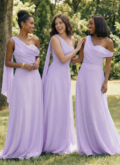 Elegant One-Shoulder/Asymmetrical Sleeveless A-Line Floor-Length Chiffon Bridesmaid Dresses