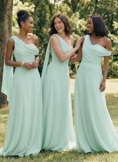 Elegant One-Shoulder/Asymmetrical Sleeveless A-Line Floor-Length Chiffon Bridesmaid Dresses