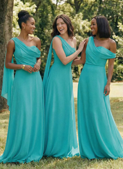 Elegant One-Shoulder/Asymmetrical Sleeveless A-Line Floor-Length Chiffon Bridesmaid Dresses