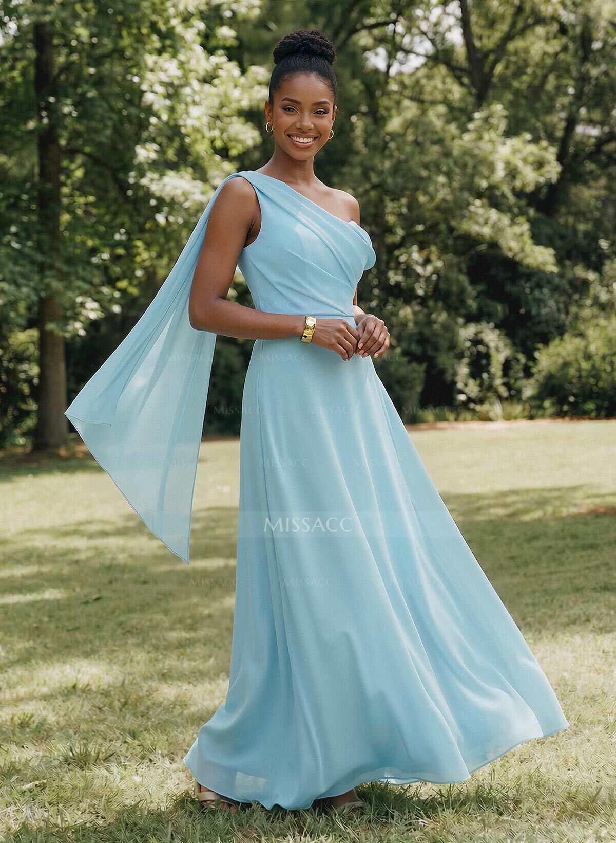 Elegant One-Shoulder/Asymmetrical Sleeveless A-Line Floor-Length Chiffon Bridesmaid Dresses