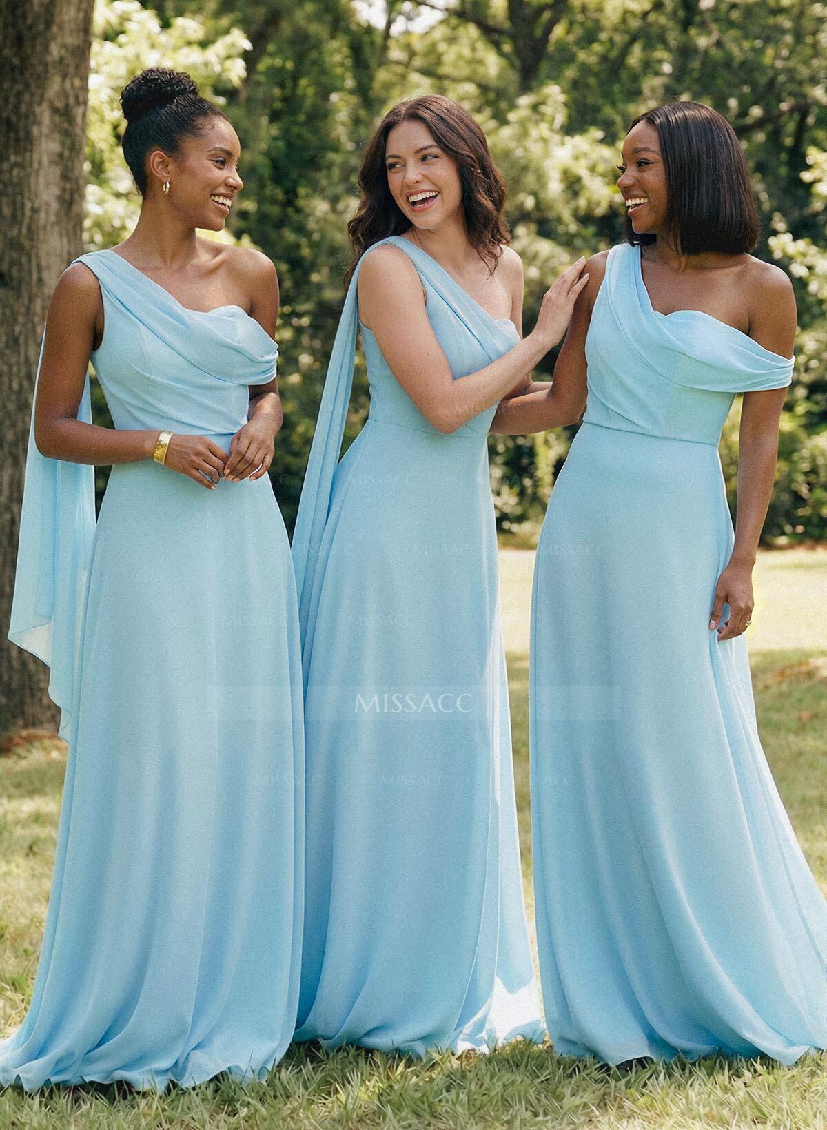 Elegant One-Shoulder/Asymmetrical Sleeveless A-Line Floor-Length Chiffon Bridesmaid Dresses