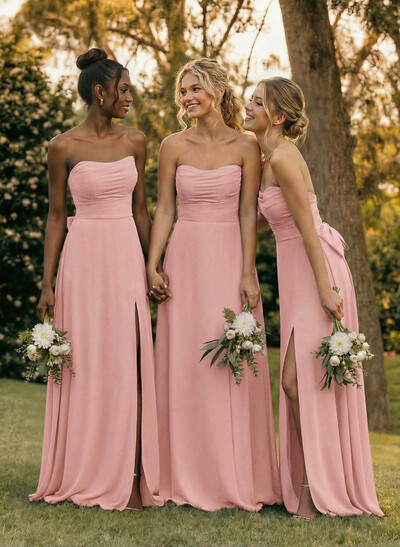 A-Line Off-The-Shoulder Sleeveless Floor-Length Chiffon Bridesmaid Dresses With Split Front Bow