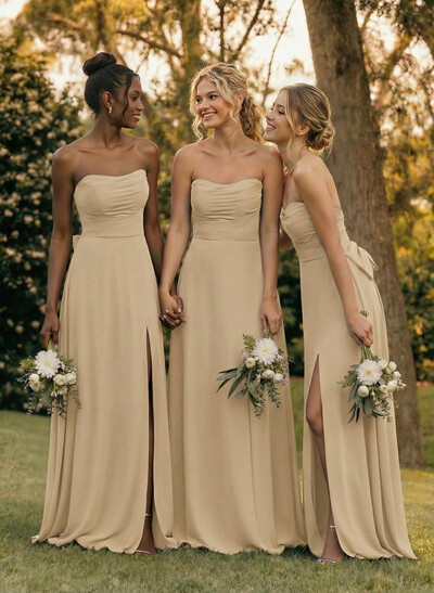 A-Line Off-The-Shoulder Sleeveless Floor-Length Chiffon Bridesmaid Dresses With Split Front Bow