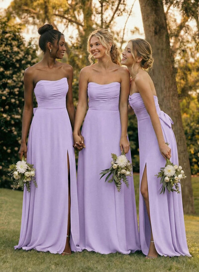 A-Line Off-The-Shoulder Sleeveless Floor-Length Chiffon Bridesmaid Dresses With Split Front Bow