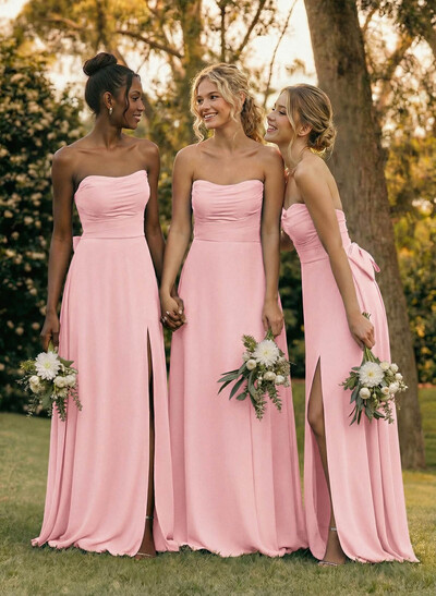 A-Line Off-The-Shoulder Sleeveless Floor-Length Chiffon Bridesmaid Dresses With Split Front Bow