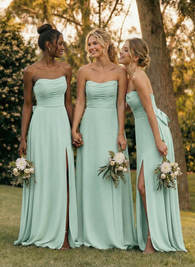 A-Line Off-The-Shoulder Sleeveless Floor-Length Chiffon Bridesmaid Dresses With Split Front Bow