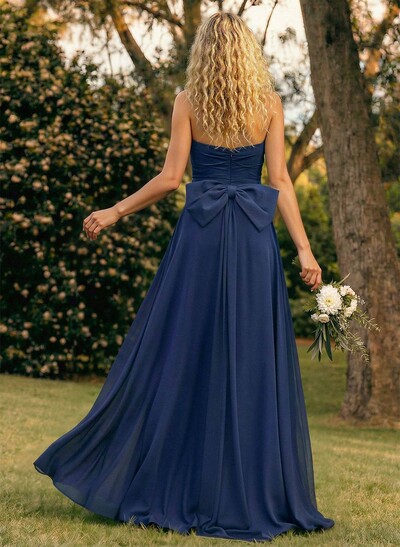 A-Line Off-The-Shoulder Sleeveless Floor-Length Chiffon Bridesmaid Dresses With Split Front Bow