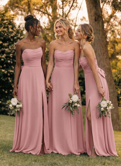 A-Line Off-The-Shoulder Sleeveless Floor-Length Chiffon Bridesmaid Dresses With Split Front Bow