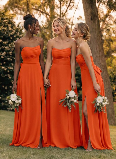 A-Line Off-The-Shoulder Sleeveless Floor-Length Chiffon Bridesmaid Dresses With Split Front Bow