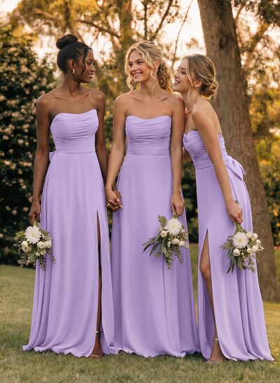 A-Line Off-The-Shoulder Sleeveless Floor-Length Chiffon Bridesmaid Dresses With Split Front Bow