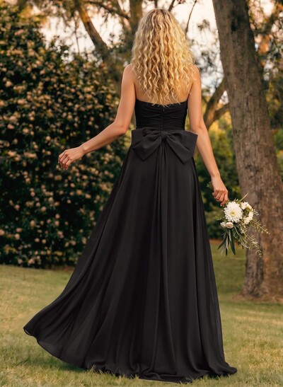 A-Line Off-The-Shoulder Sleeveless Floor-Length Chiffon Bridesmaid Dresses With Split Front Bow