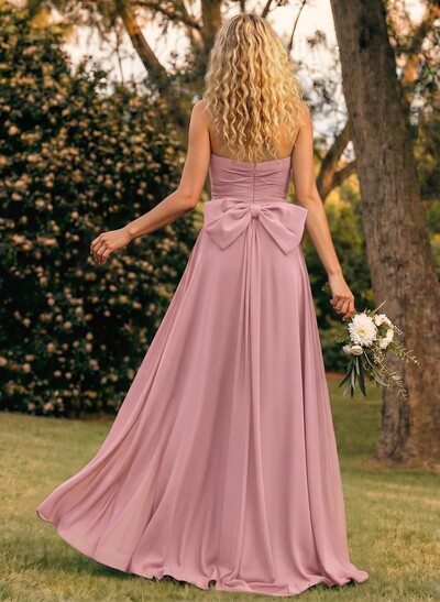 A-Line Off-The-Shoulder Sleeveless Floor-Length Chiffon Bridesmaid Dresses With Split Front Bow