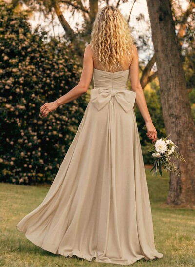 A-Line Off-The-Shoulder Sleeveless Floor-Length Chiffon Bridesmaid Dresses With Split Front Bow