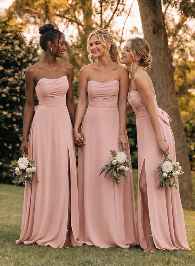 A-Line Off-The-Shoulder Sleeveless Floor-Length Chiffon Bridesmaid Dresses With Split Front Bow