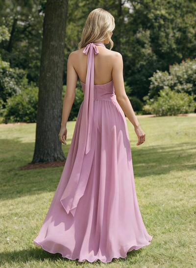 A-Line V-Neck Sleeveless Floor-Length Chiffon Bridesmaid Dresses With Bow