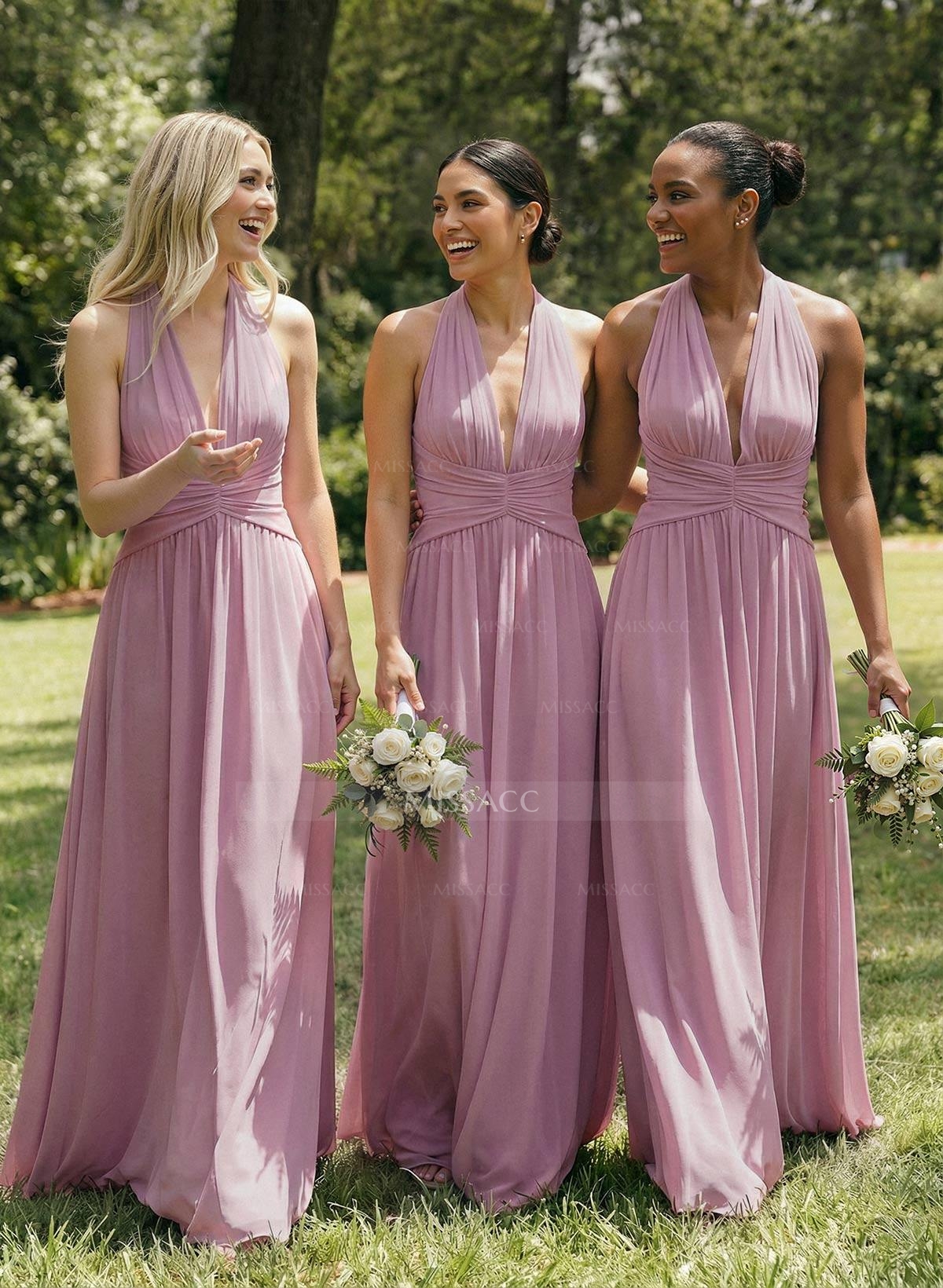 A-Line V-Neck Sleeveless Floor-Length Chiffon Bridesmaid Dresses With Bow